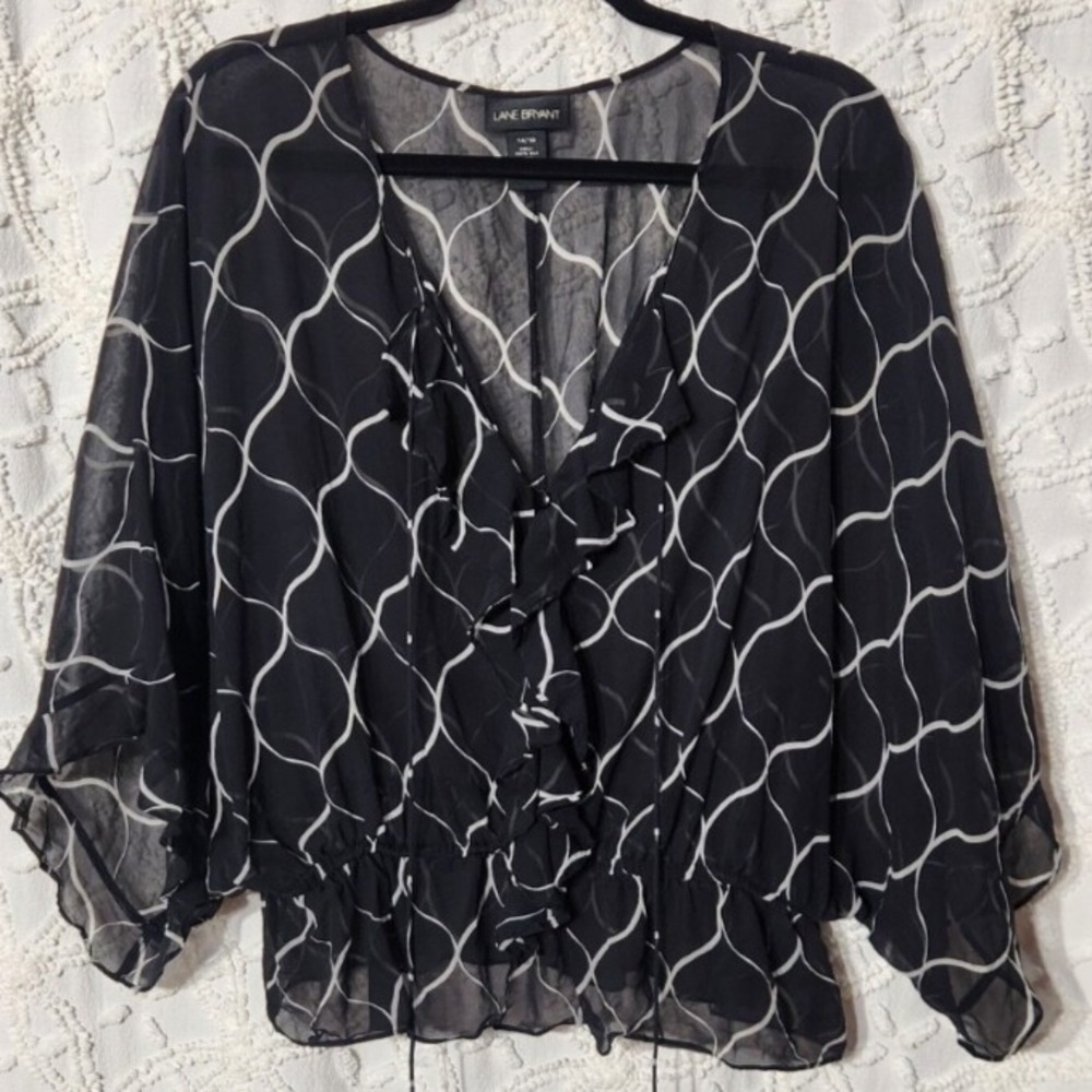 Lane Bryant Womens Silk Top Size 14/16 Black Sheer Whimsigoth Ruffle Feminine‎